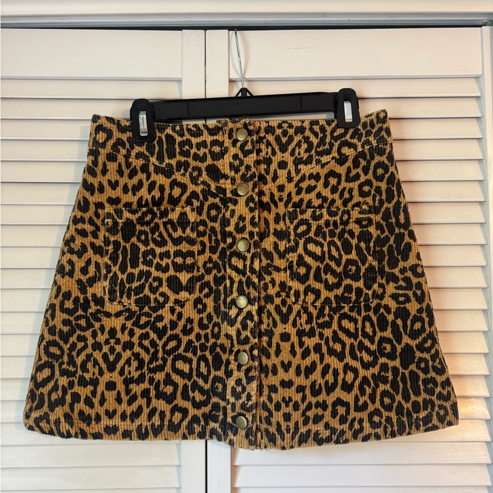 Leopard Print Corduroy Button-Front Skirt
